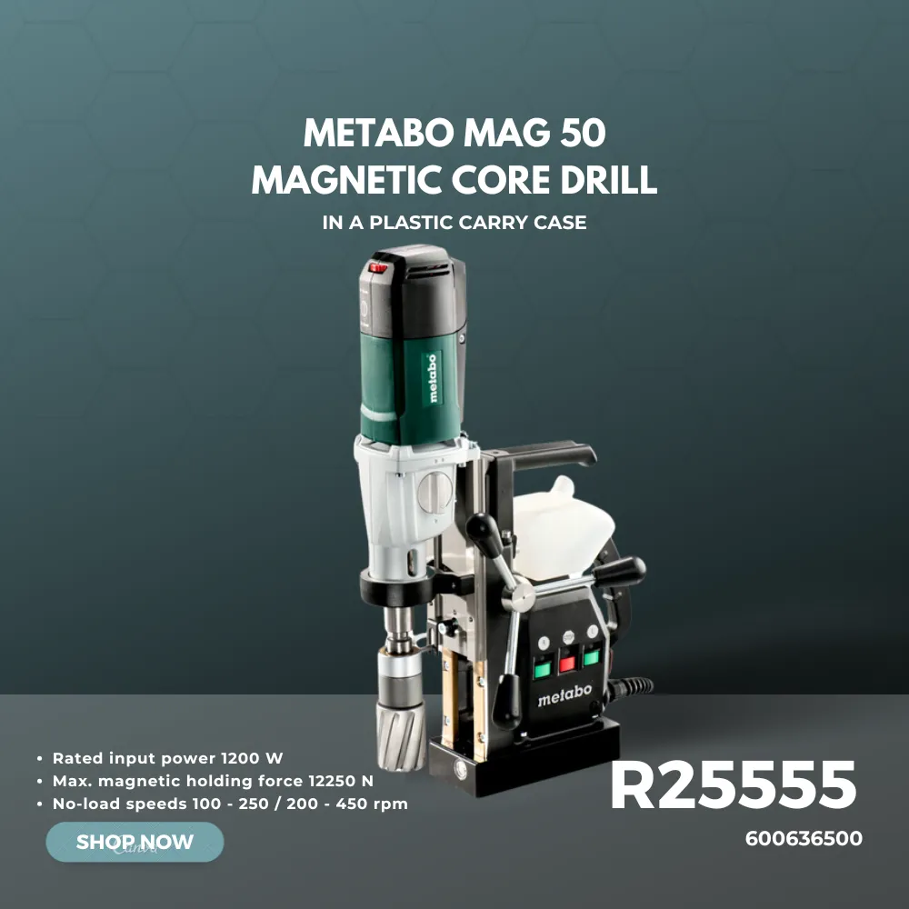 Promotional design featuring a Metabo magnetic core drill.