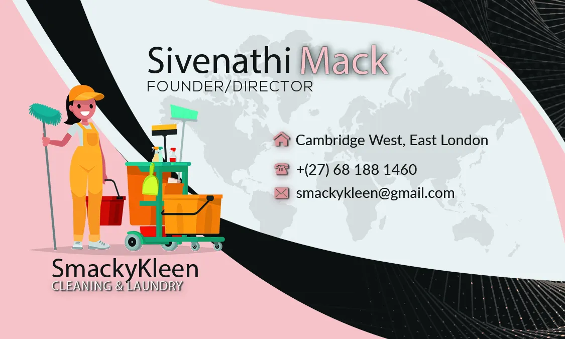 Front of a SmackyKleen business card with an illustrated cleaning design.