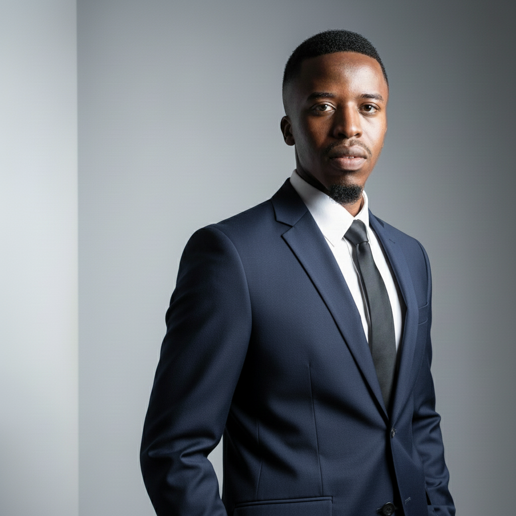 Studio portrait of Sifiso Ngwenya in a dark suit.