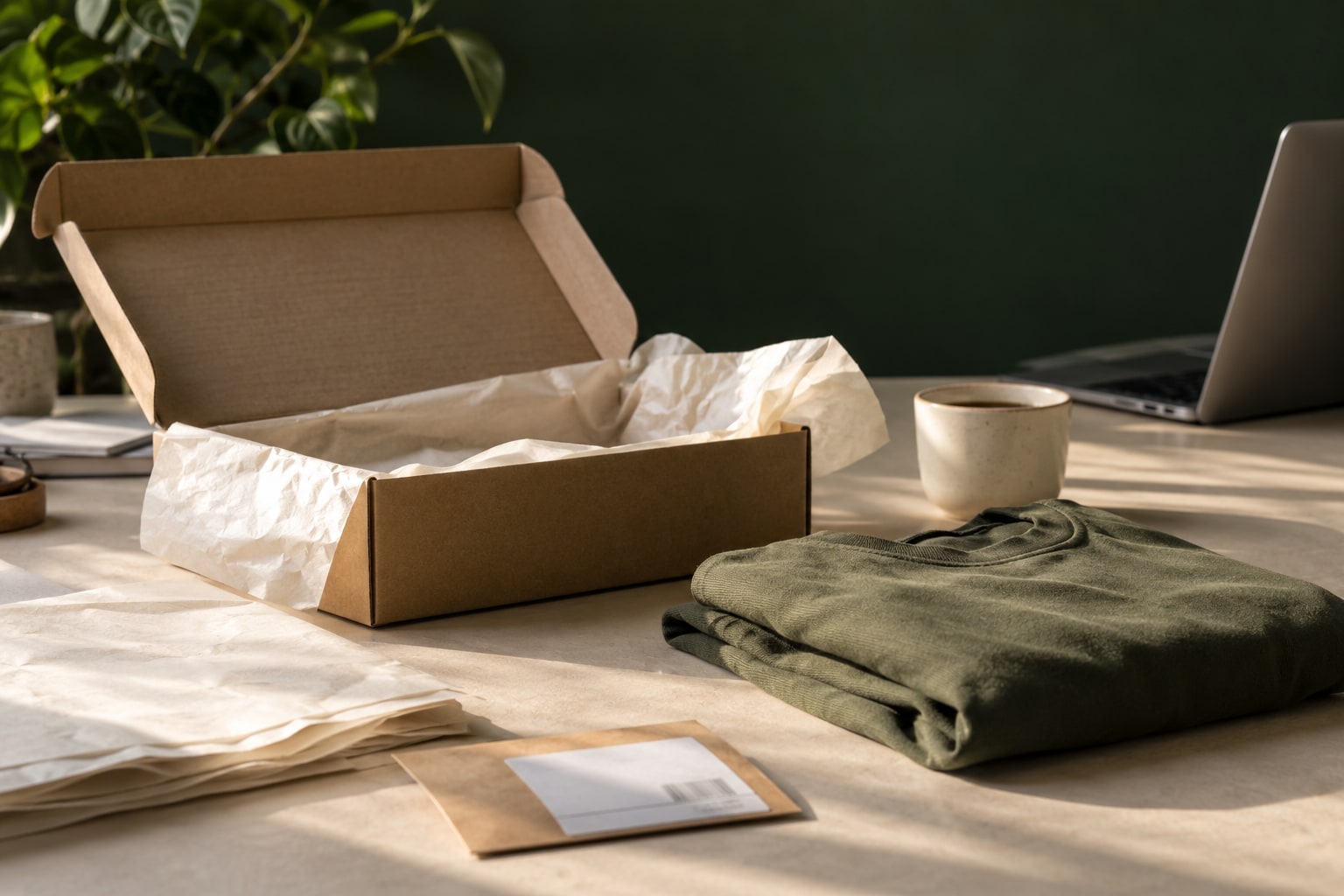 Illustrative ecommerce still life with unbranded products and order packaging.