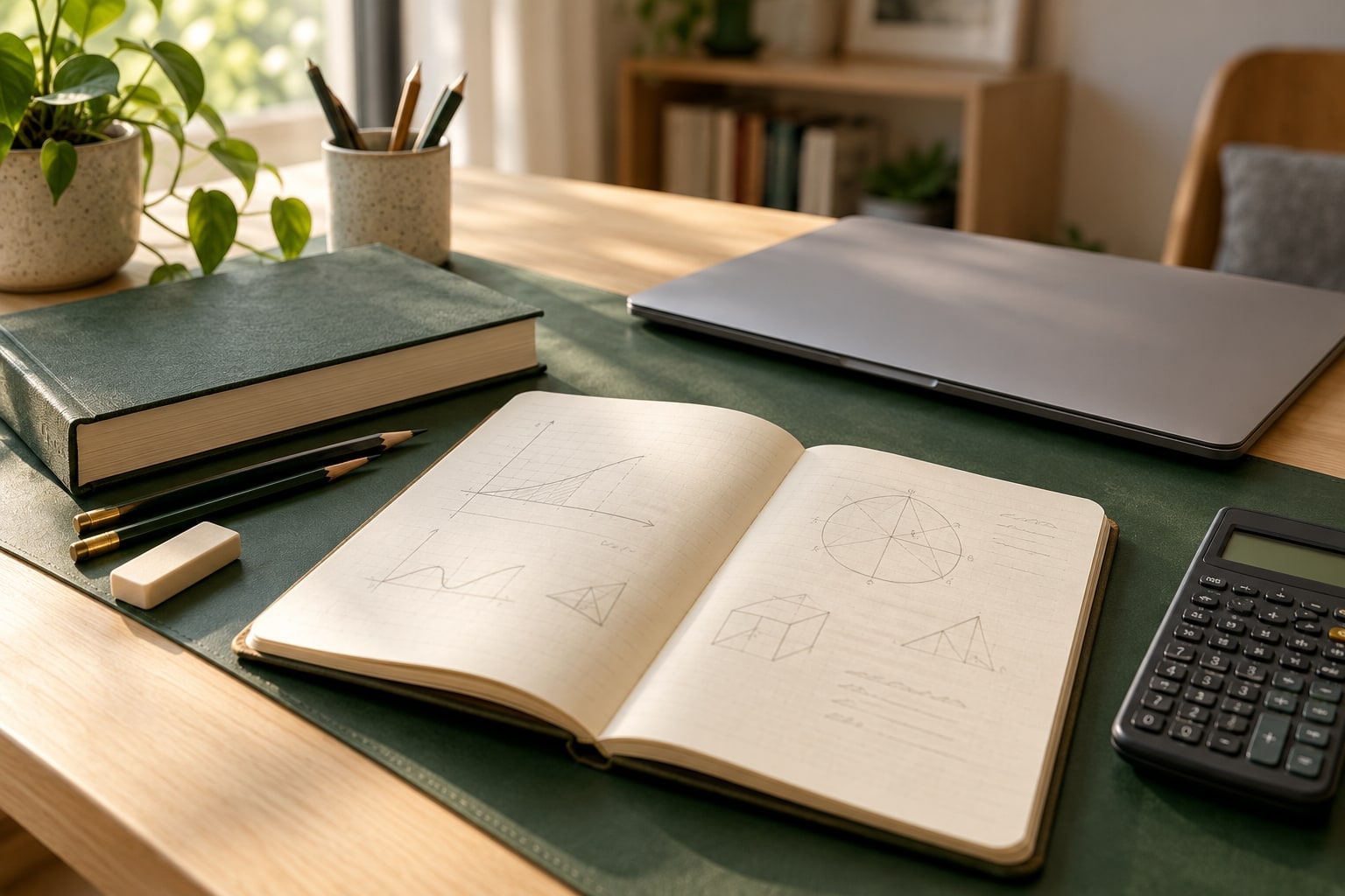 Illustrative learning workspace with an open notebook, pencils and a laptop.