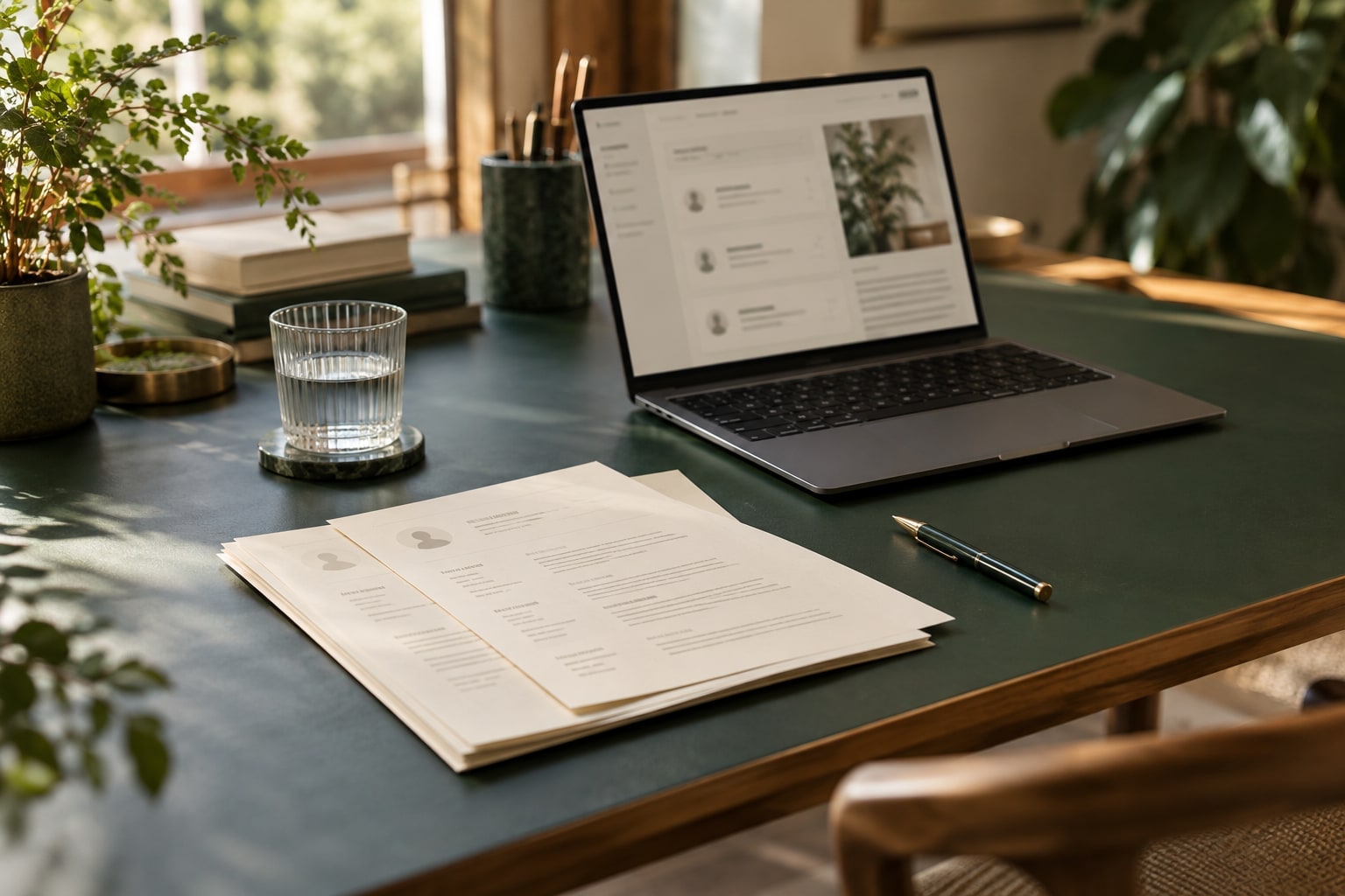Illustrative recruitment workspace with a laptop and résumé papers.