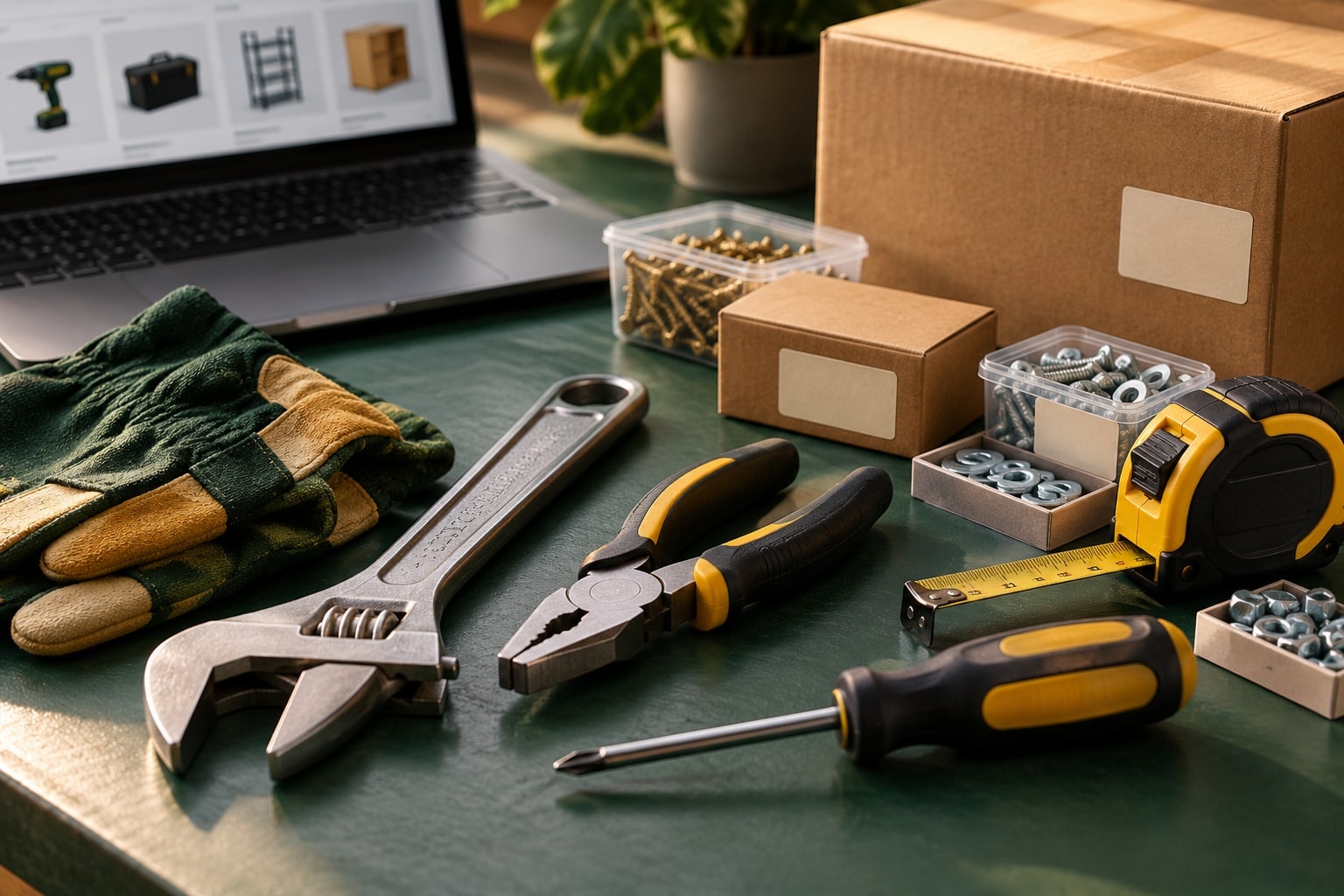 Illustrative retail catalogue scene with neatly arranged professional tools and packing materials.