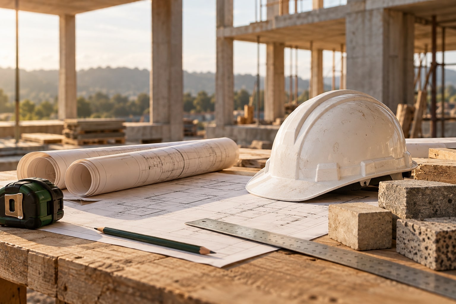Illustrative construction planning desk with drawings, a hard hat and measuring tools.
